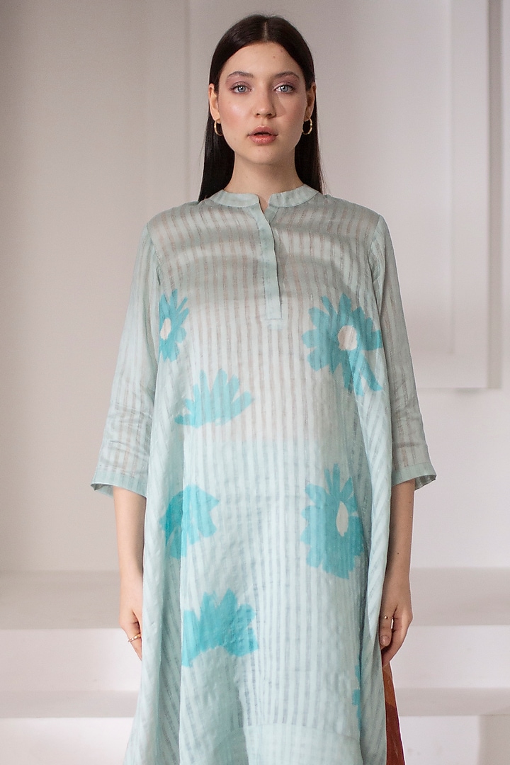 Light Blue Handloom Printed Kaftan Set by CLOS at Pernia's Pop Up Shop