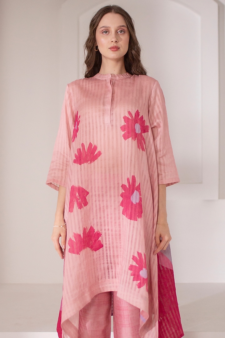 Light Peach Handloom Printed Kaftan Set by CLOS at Pernia's Pop Up Shop