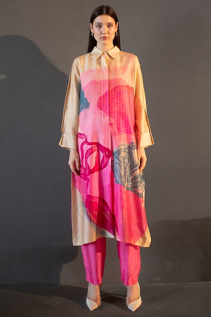 Yellow & Pink Dupion Silk Printed Kurta Set by CLOS