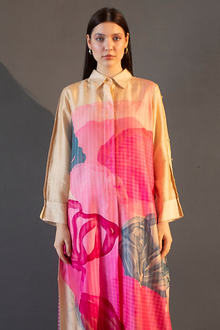 Yellow & Pink Dupion Silk Printed Kurta Set by CLOS at Pernia's Pop Up Shop