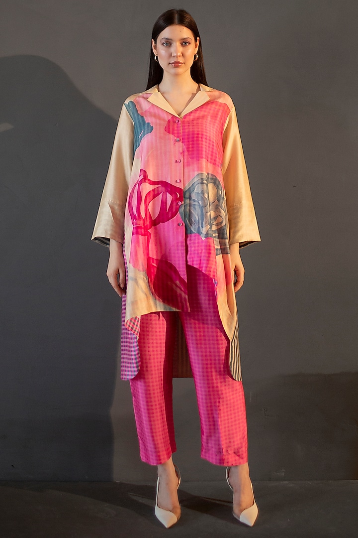 Yellow & Pink Dupion Silk Printed Kurta Set by CLOS