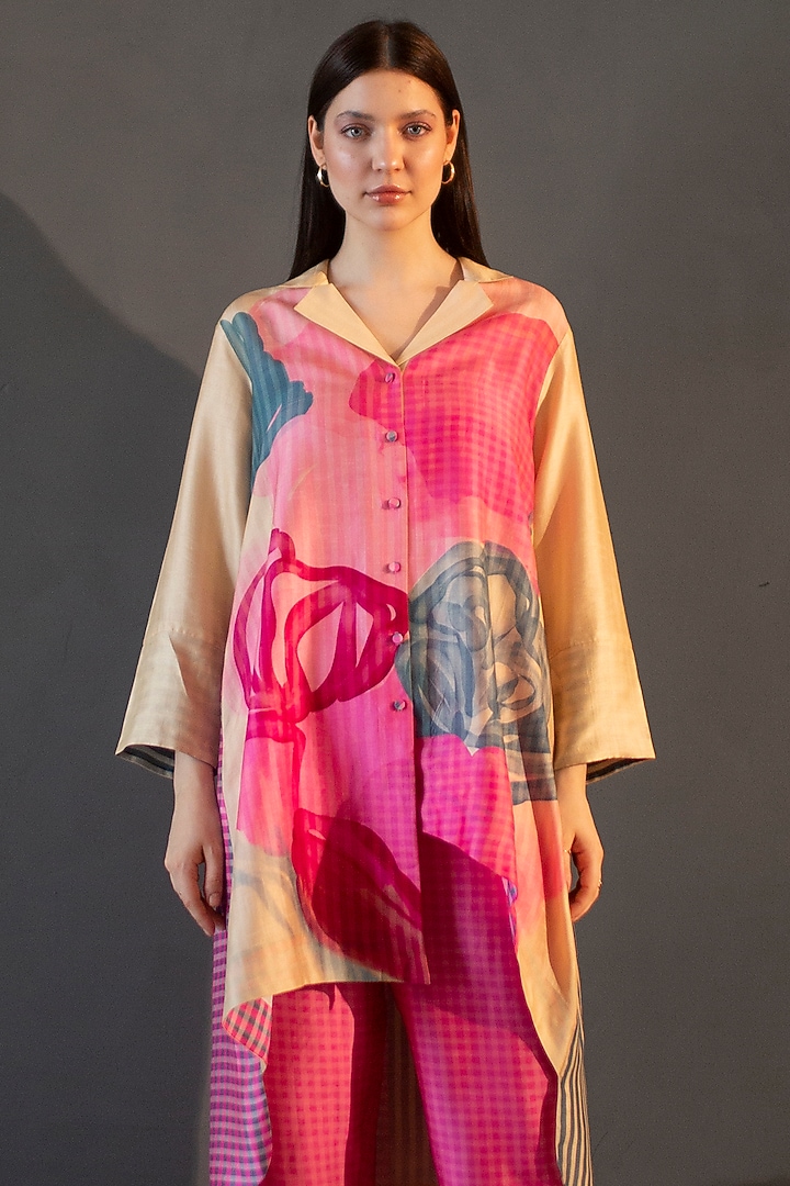 Yellow & Pink Dupion Silk Printed Kurta Set by CLOS at Pernia's Pop Up Shop