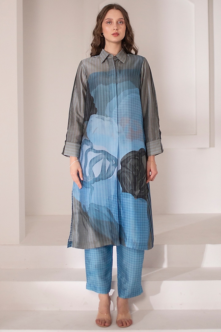 Blue & Grey Dupion Silk Printed Kurta Set by CLOS