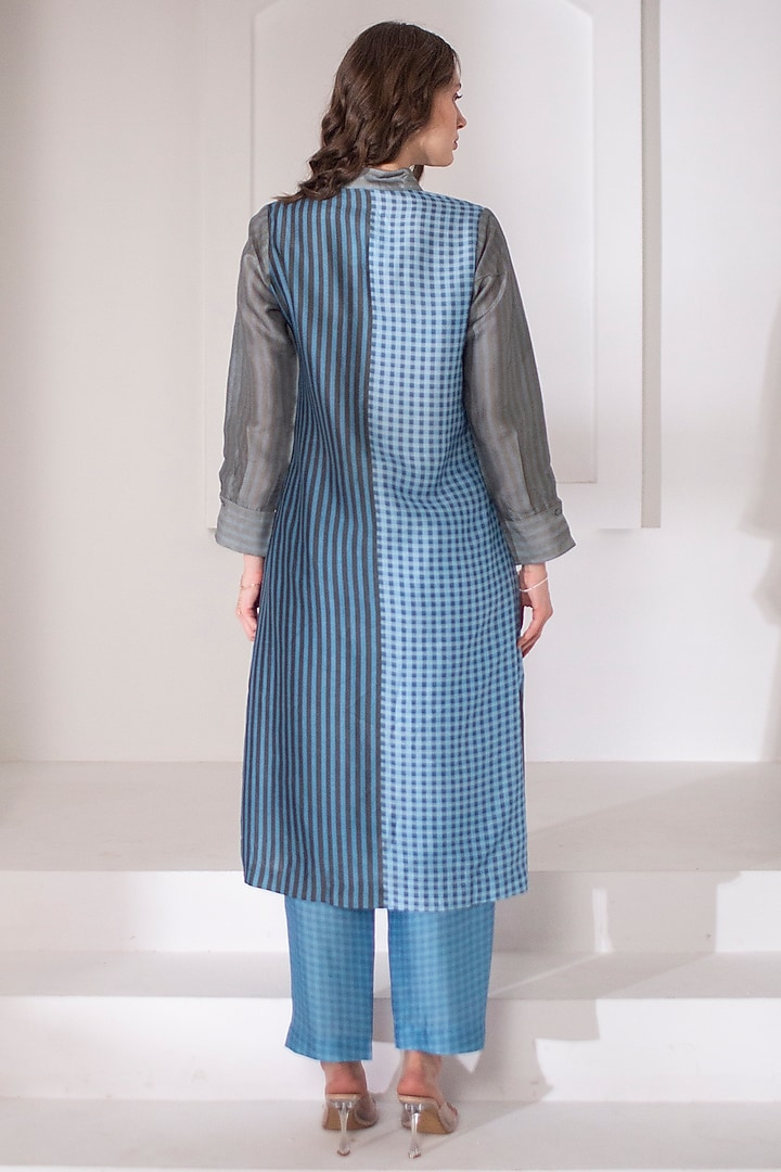 Blue & Grey Dupion Silk Printed Kurta Set by CLOS at Pernia's Pop Up Shop