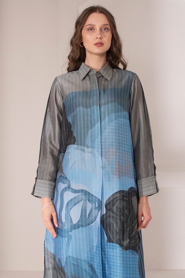 Blue & Grey Dupion Silk Printed Kurta Set by CLOS at Pernia's Pop Up Shop