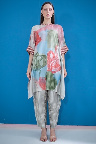 Multi-Colored Dupion Silk Printed Kaftan Set by CLOS