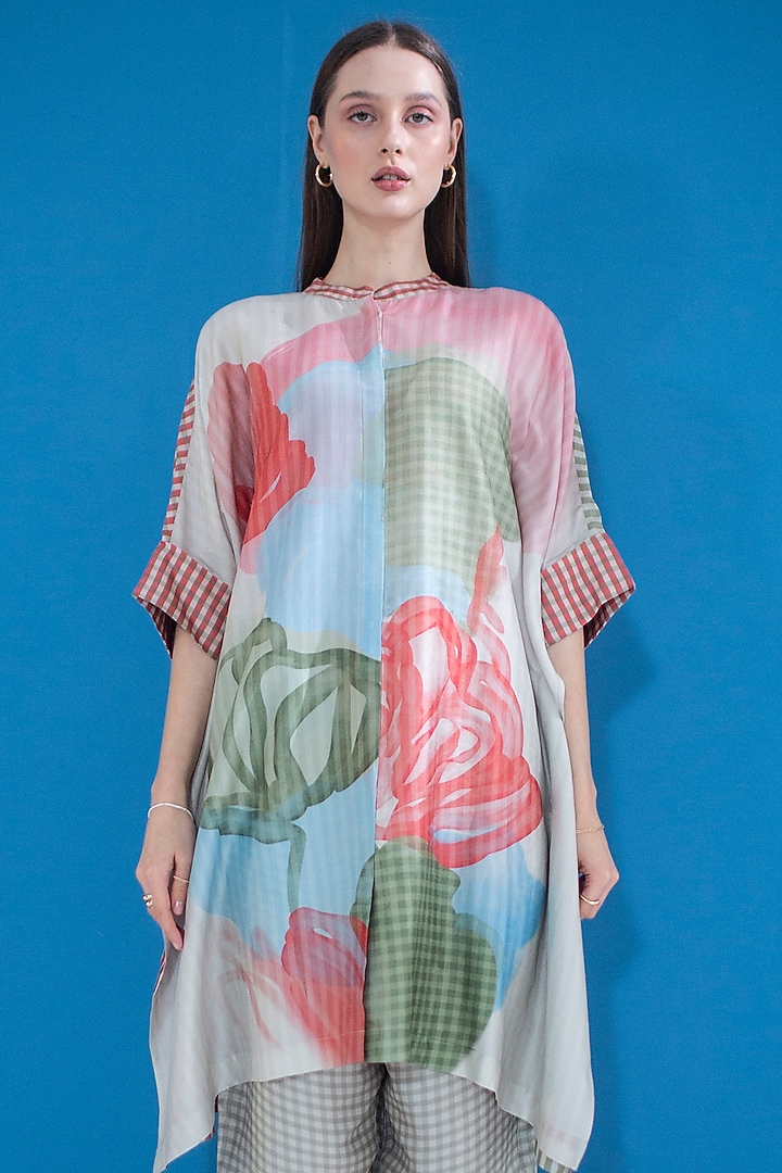 Multi-Colored Dupion Silk Printed Kaftan Set by CLOS at Pernia's Pop Up Shop