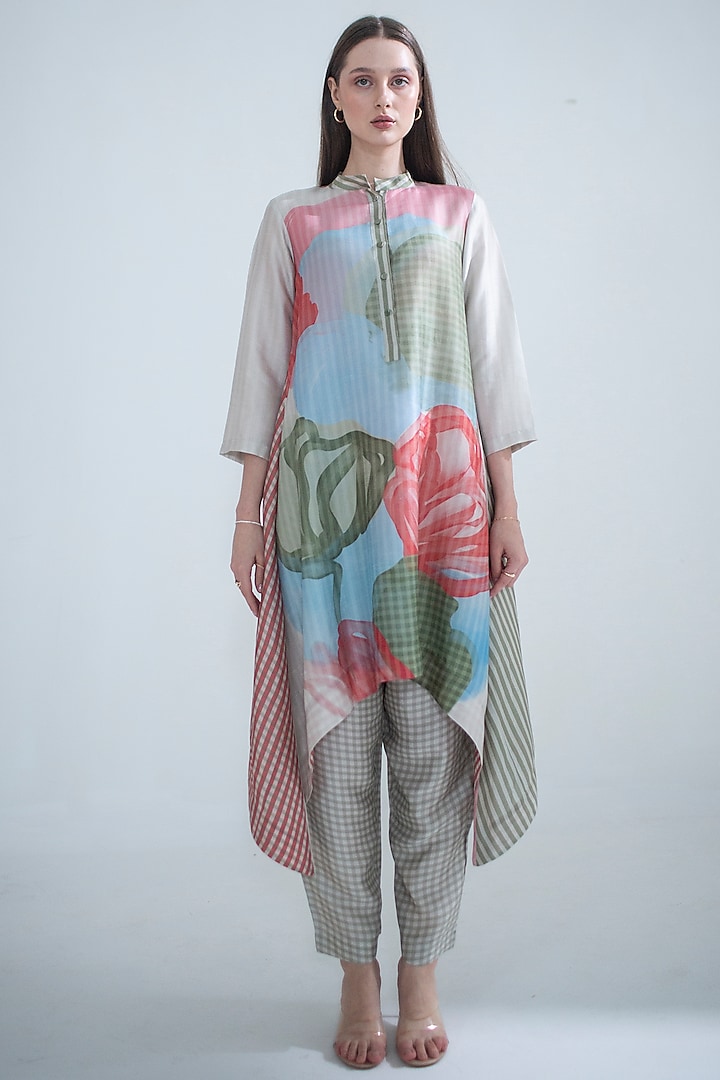 Multi-Colored Dupion Silk Printed Kaftan Set by CLOS at Pernia's Pop Up Shop