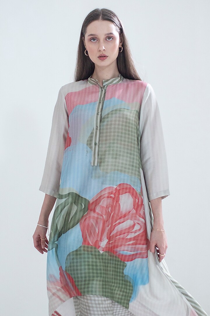 Multi-Colored Dupion Silk Printed Kaftan Set by CLOS at Pernia's Pop Up Shop
