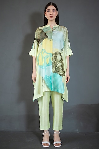 Light Green Dupion Silk Printed Asymmetric Kurta Set by CLOS