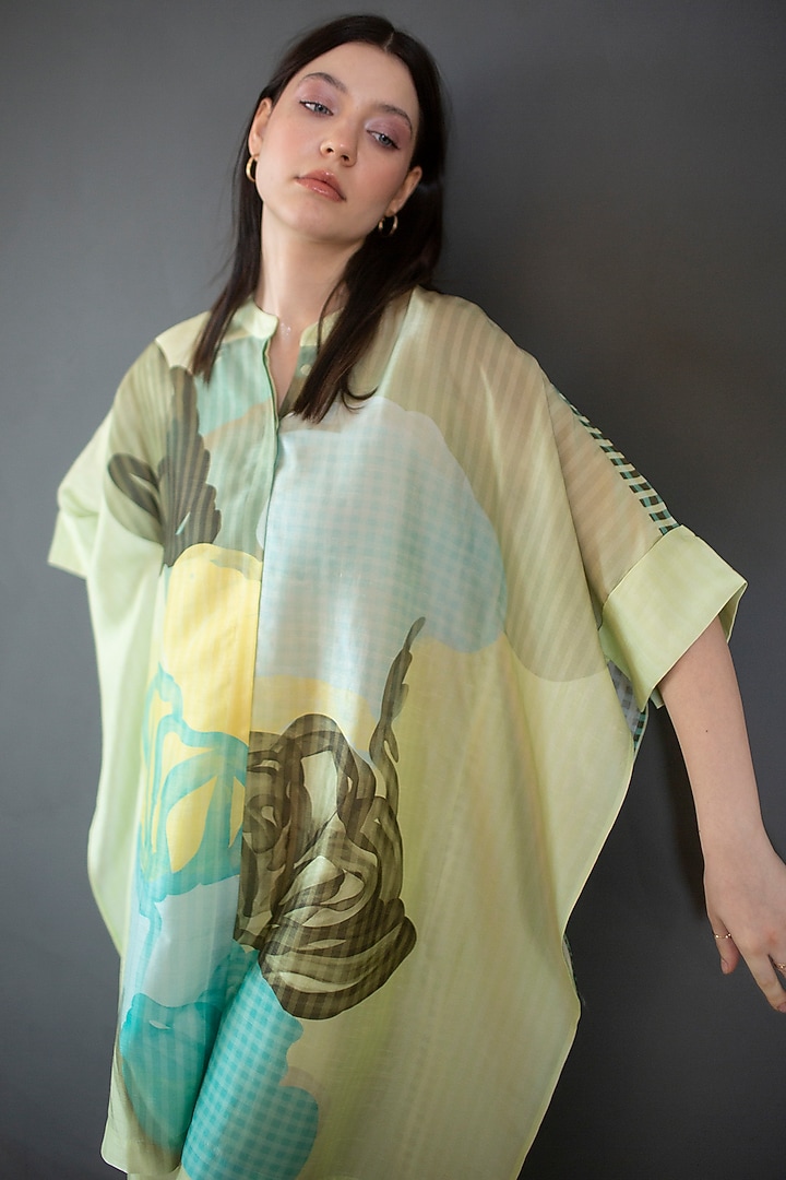 Light Green Dupion Silk Printed Asymmetric Kurta Set by CLOS at Pernia's Pop Up Shop