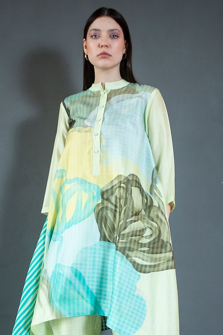 Light Green Dupion Silk Printed Kaftan Set by CLOS at Pernia's Pop Up Shop
