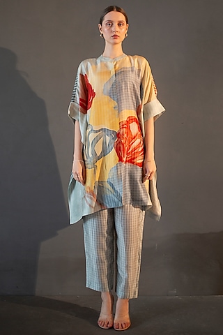 Light Grey Dupion Silk Printed Asymmetric Kurta Set by CLOS