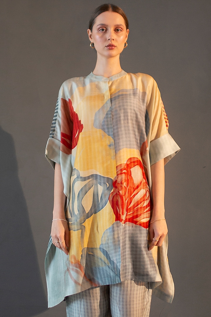 Light Grey Dupion Silk Printed Asymmetric Kurta Set by CLOS at Pernia's Pop Up Shop