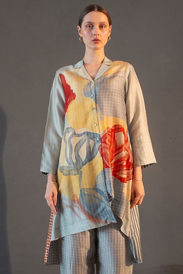 Light Grey Dupion Silk Printed High-Low Kurta Set by CLOS at Pernia's Pop Up Shop