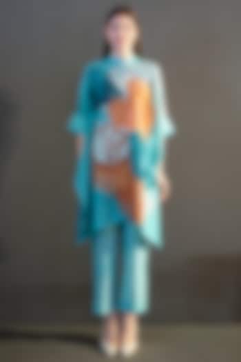 Blue & Orange Dupion Silk Printed Asymmetric Kurta Set by CLOS