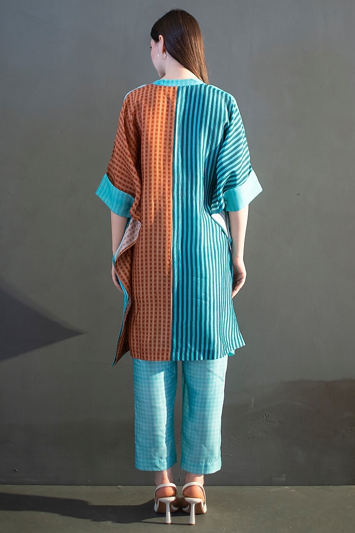 Blue & Orange Dupion Silk Printed Asymmetric Kurta Set by CLOS at Pernia's Pop Up Shop