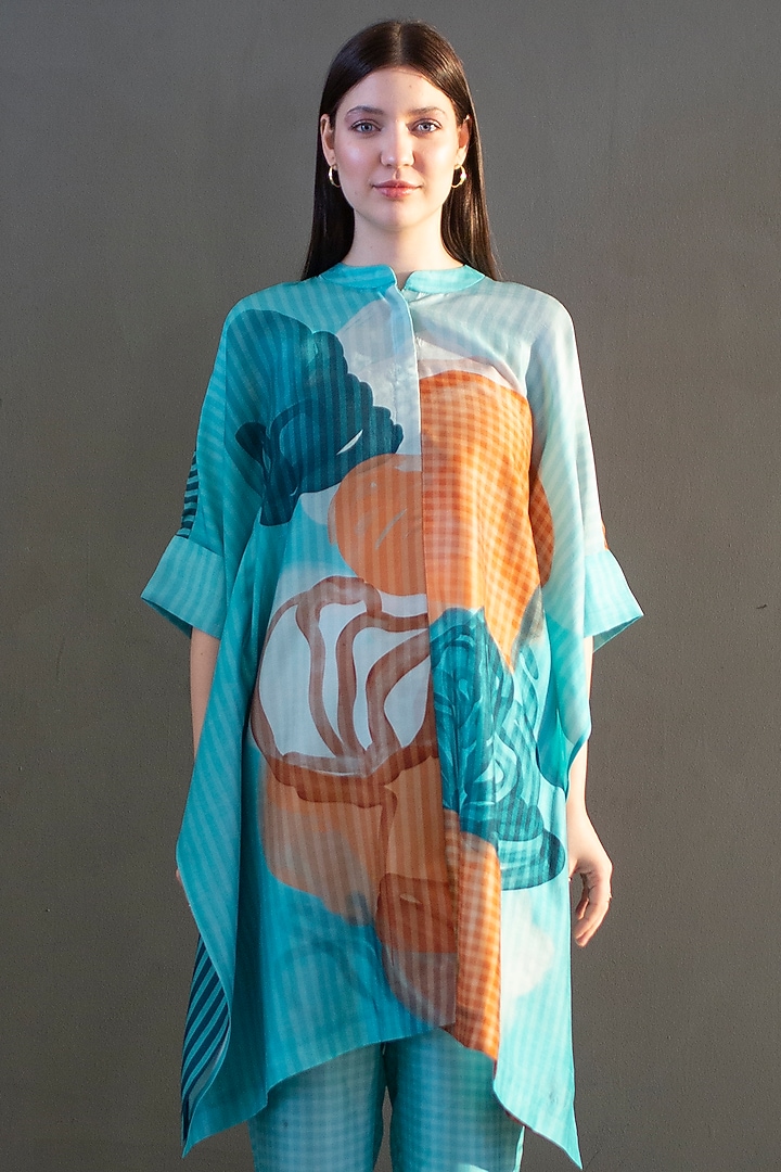 Blue & Orange Dupion Silk Printed Asymmetric Kurta Set by CLOS at Pernia's Pop Up Shop