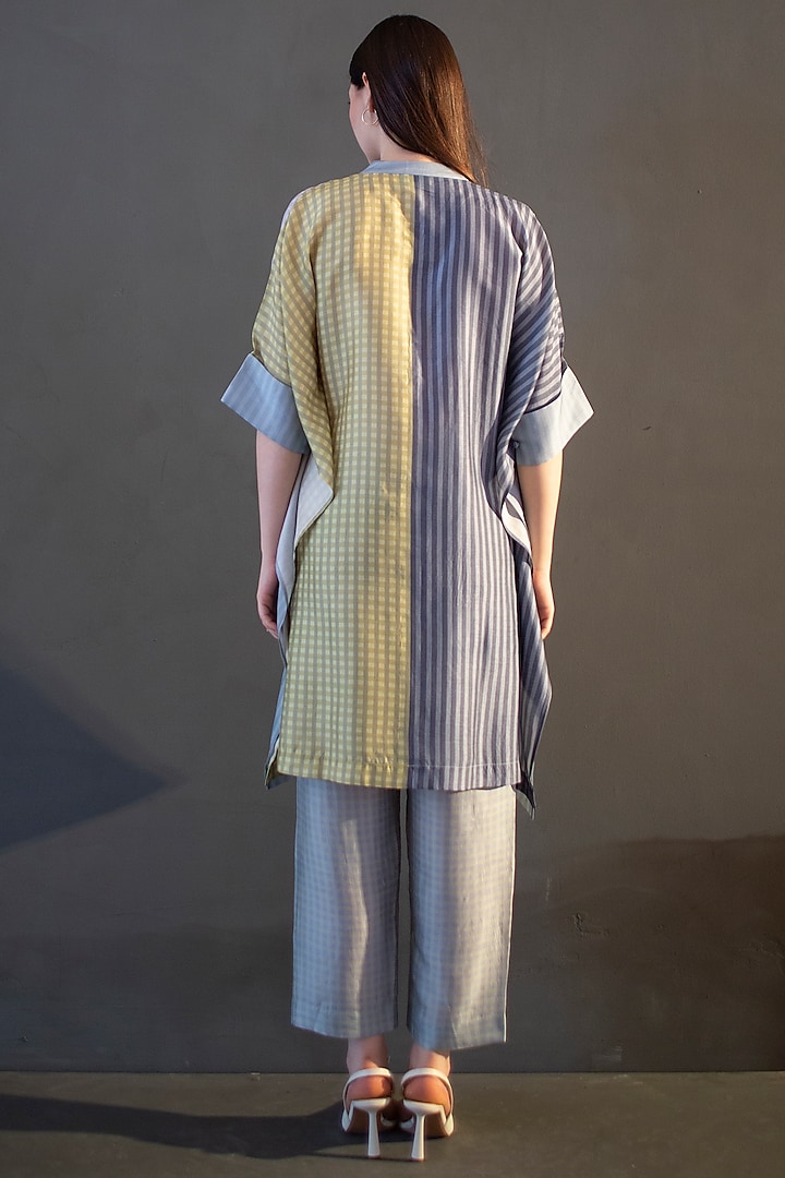 Grey & Yellow Dupion Silk Printed Asymmetric Kurta Set by CLOS at Pernia's Pop Up Shop