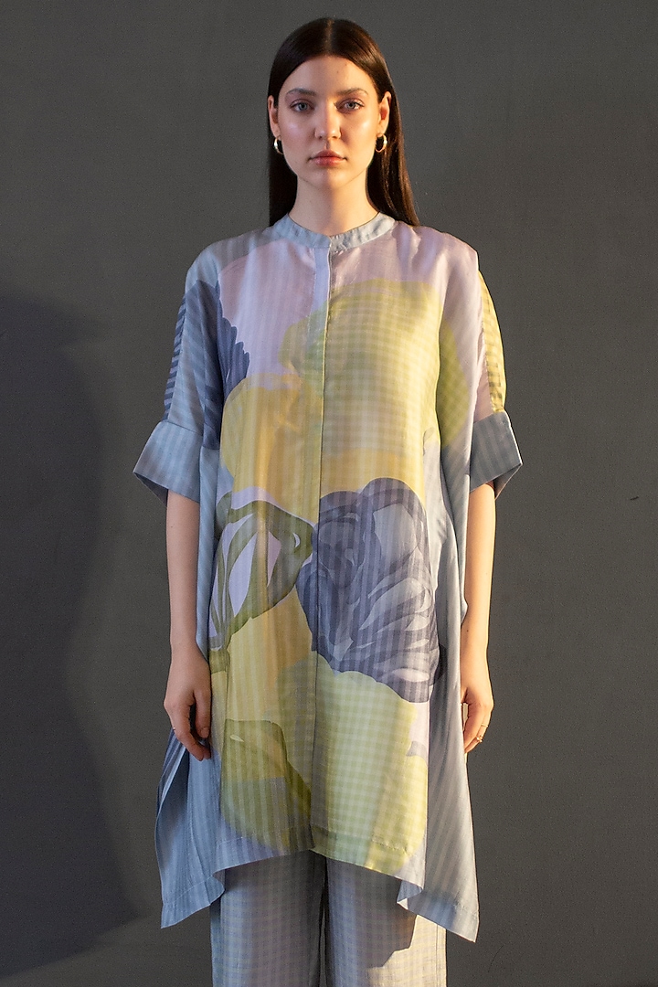 Grey & Yellow Dupion Silk Printed Asymmetric Kurta Set by CLOS at Pernia's Pop Up Shop