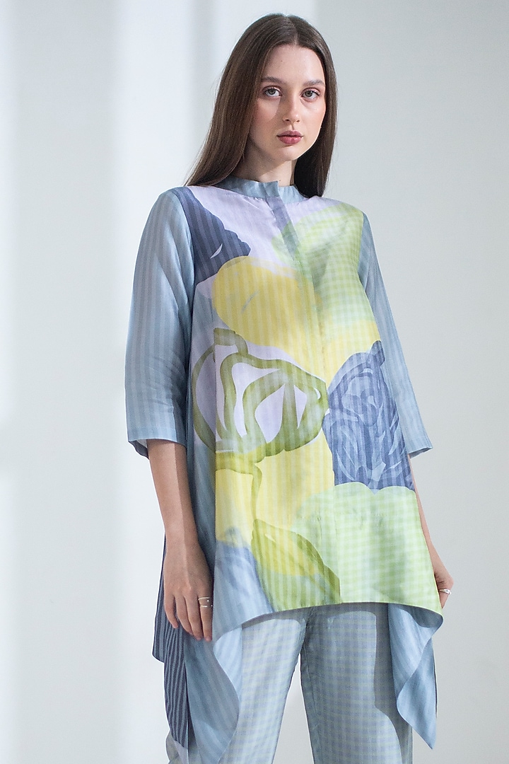 Grey & Yellow Dupion Silk Printed Kaftan Set by CLOS at Pernia's Pop Up Shop