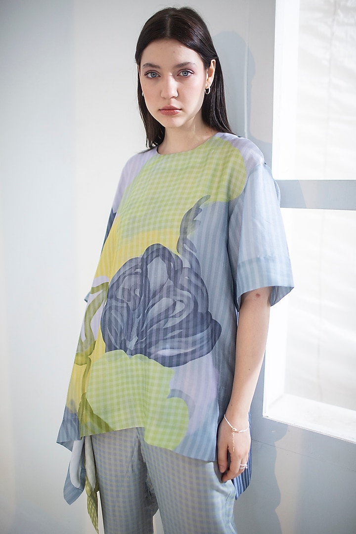 Grey & Yellow Dupion Silk Printed Co-Ord Set by CLOS at Pernia's Pop Up Shop