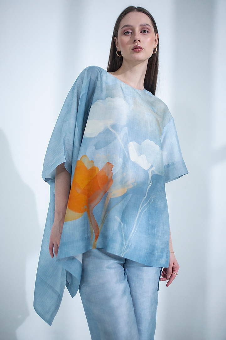 Light Blue Dupion Silk Printed Tunic Set by CLOS at Pernia's Pop Up Shop