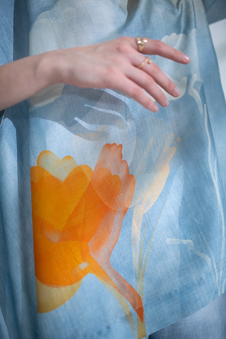 Light Blue Dupion Silk Printed Tunic Set by CLOS at Pernia's Pop Up Shop