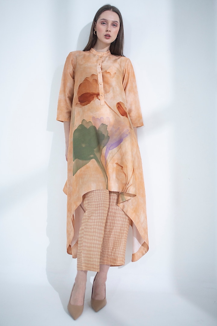 Light Peach Dupion Silk Printed Kaftan Set by CLOS at Pernia's Pop Up Shop