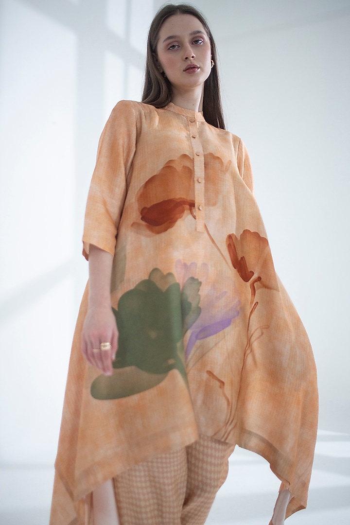 Light Peach Dupion Silk Printed Kaftan Set by CLOS at Pernia's Pop Up Shop
