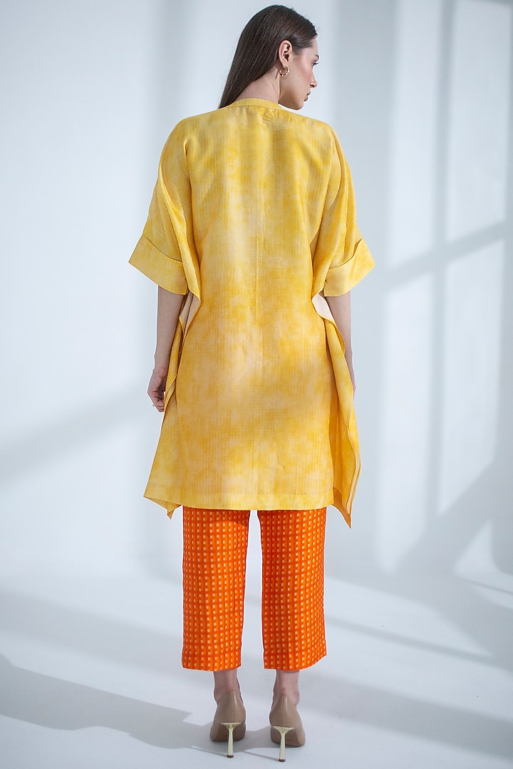 Yellow Dupion Silk Printed Asymmetrical Kurta Set by CLOS at Pernia's Pop Up Shop