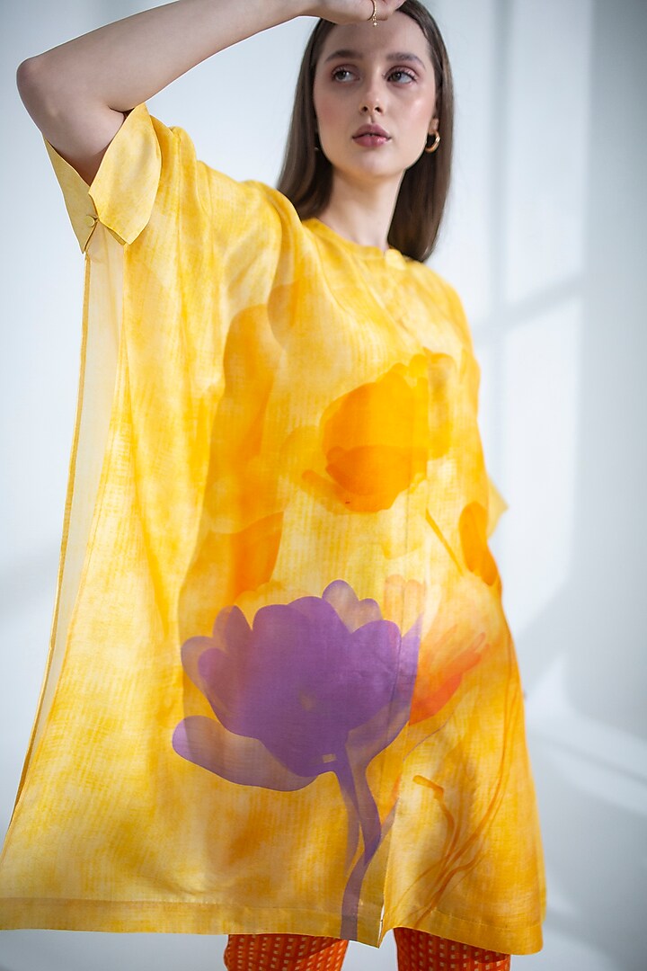 Yellow Dupion Silk Printed Asymmetrical Kurta Set by CLOS at Pernia's Pop Up Shop