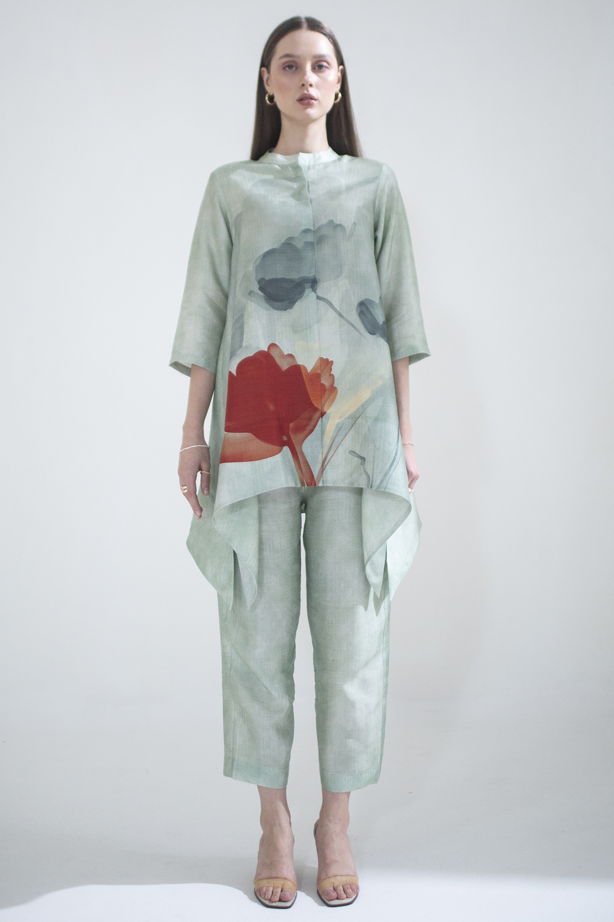 Light Green Dupion Silk Printed Kaftan Set by CLOS at Pernia's Pop Up Shop