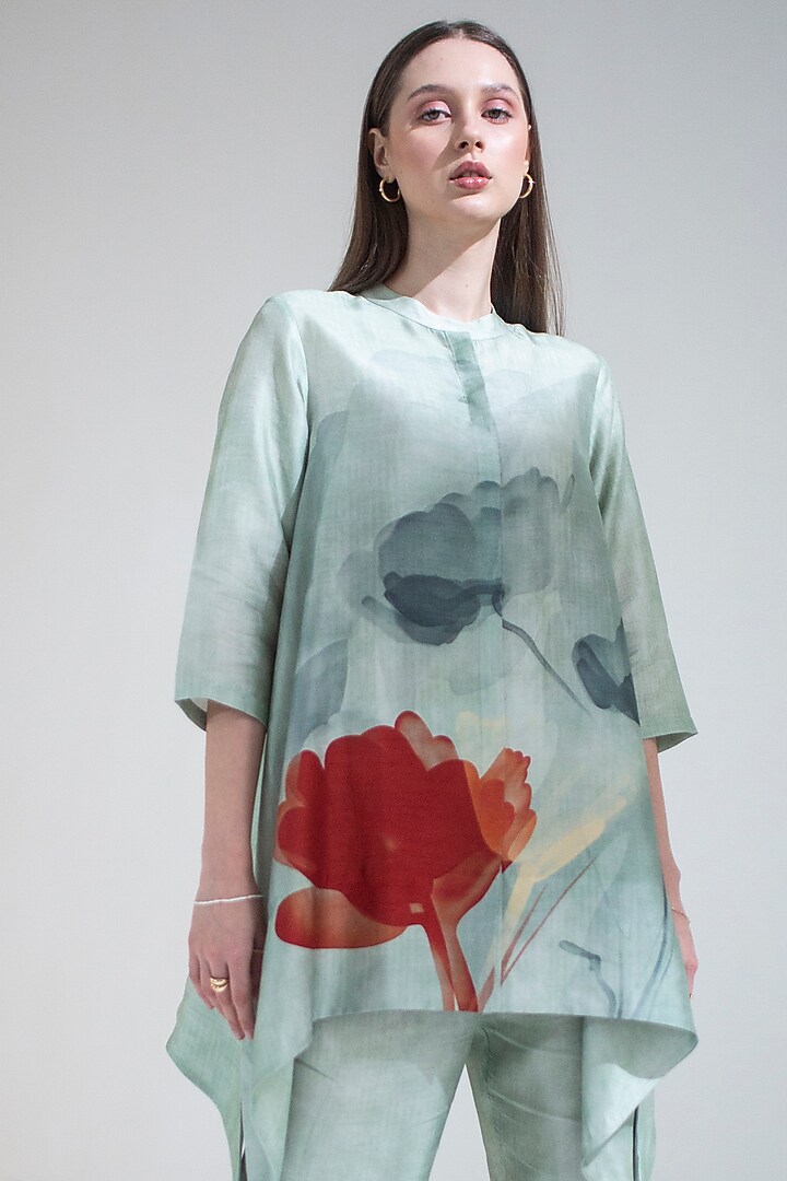 Light Green Dupion Silk Printed Kaftan Set by CLOS at Pernia's Pop Up Shop