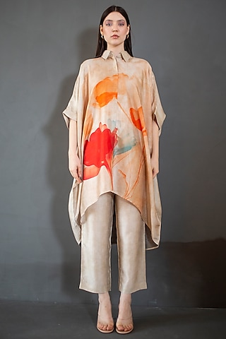 Beige Dupion Silk Printed Kaftan Set by CLOS