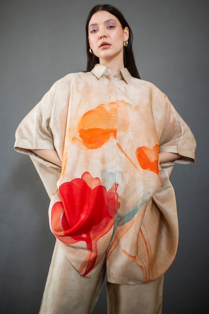 Beige Dupion Silk Printed Kaftan Set by CLOS at Pernia's Pop Up Shop