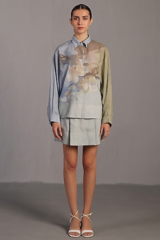 Pastel Blue & Green Korean Linen Mini Skirt Set by CLOS