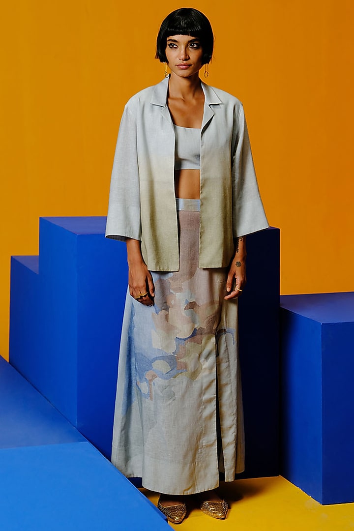 Pastel Blue & Green Korean Linen Long Skirt Set by CLOS at Pernia's Pop Up Shop