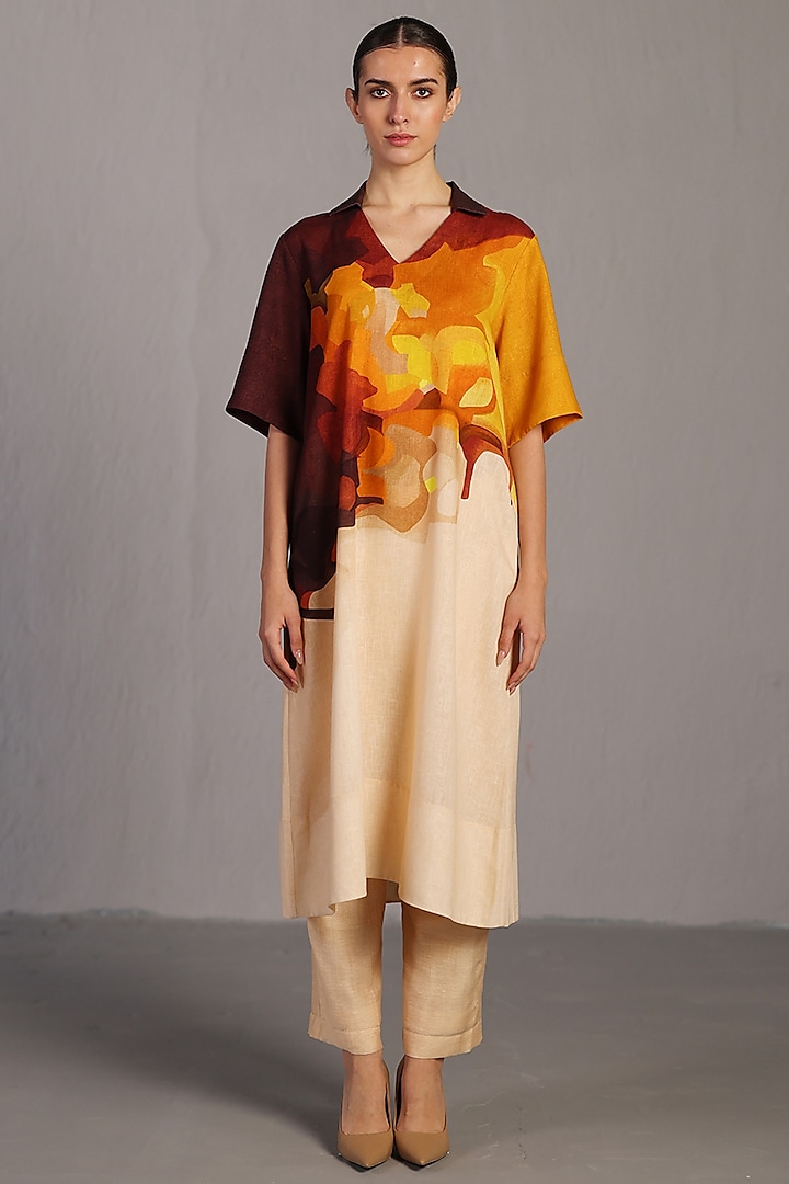 Ochre & Brown Korean Linen Kurta Set by CLOS at Pernia's Pop Up Shop
