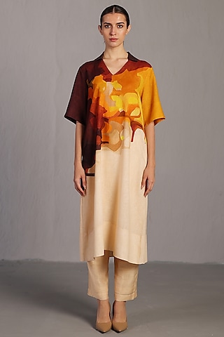 Ochre & Brown Korean Linen Kurta Set by CLOS