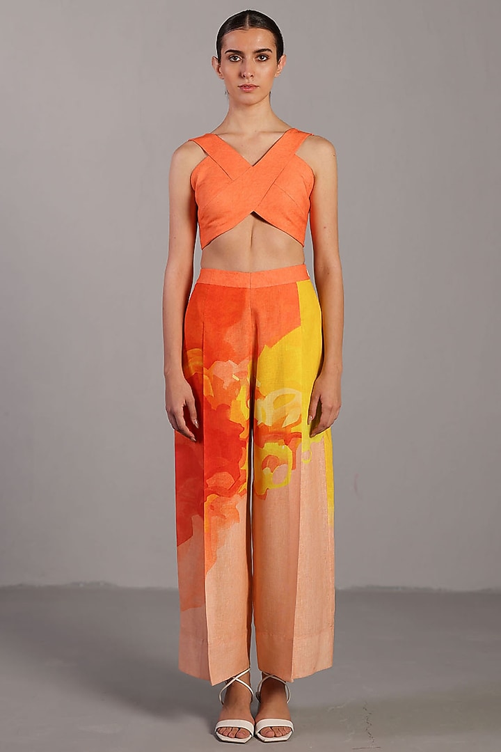Bright Orange & Yellow Korean Linen Pant Set by CLOS at Pernia's Pop Up Shop