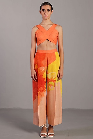 Bright Orange & Yellow Korean Linen Pant Set by CLOS