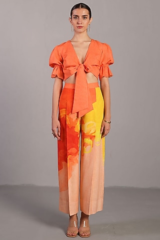Bright Orange & Yellow Korean Linen Pant Set by CLOS