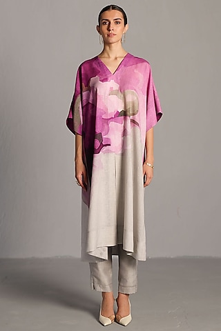 Beetroot Pink & Pastel Grey Korean Linen Kurta Set by CLOS