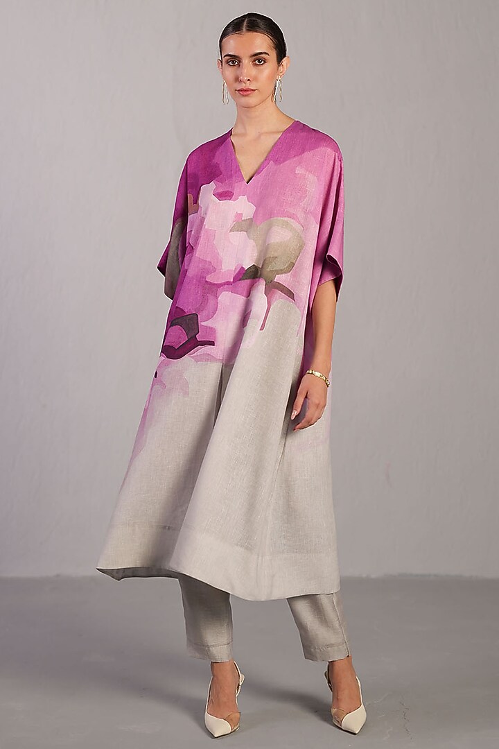 Beetroot Pink & Pastel Grey Korean Linen Kurta Set by CLOS at Pernia's Pop Up Shop