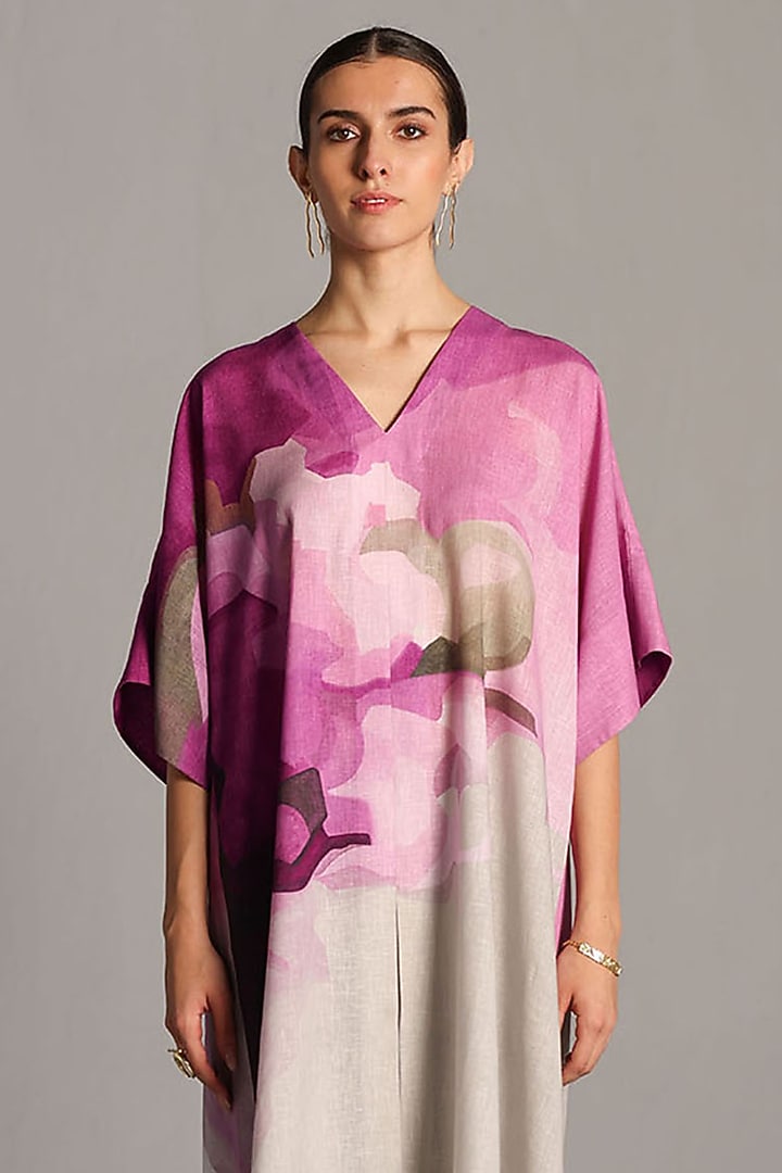 Beetroot Pink & Pastel Grey Korean Linen Kurta Set by CLOS at Pernia's Pop Up Shop