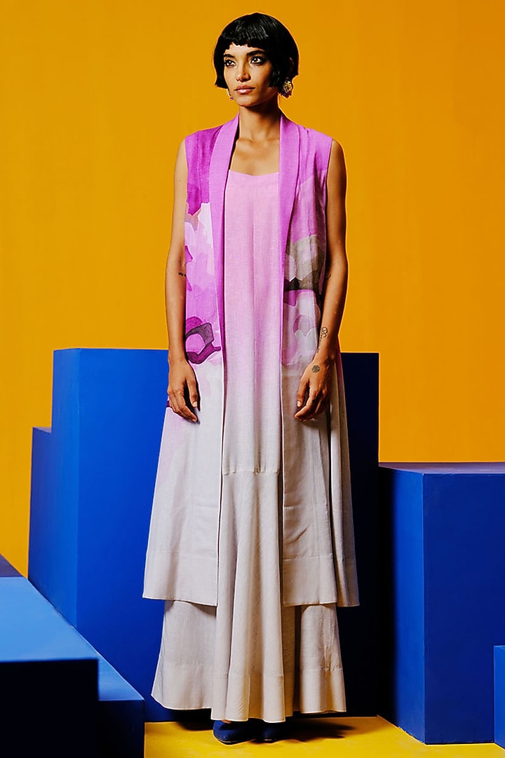 Beetroot Pink & Pastel Grey Korean Linen Jacket Vacation Dress by CLOS at Pernia's Pop Up Shop