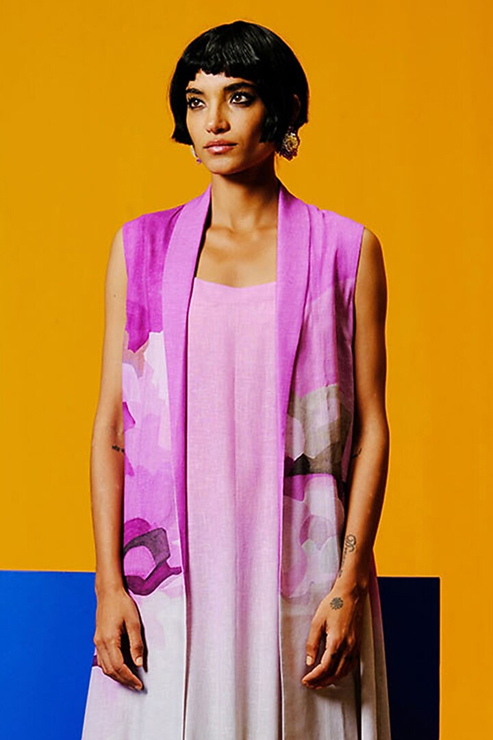 Beetroot Pink & Pastel Grey Korean Linen Jacket Vacation Dress by CLOS at Pernia's Pop Up Shop