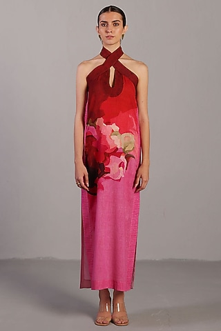Fuchsia Pink Korean Linen Halter Maxi Dress by CLOS