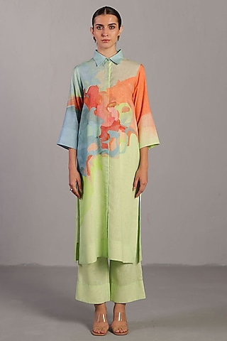 Multi-Colored Korean Linen Long Kurta Set by CLOS